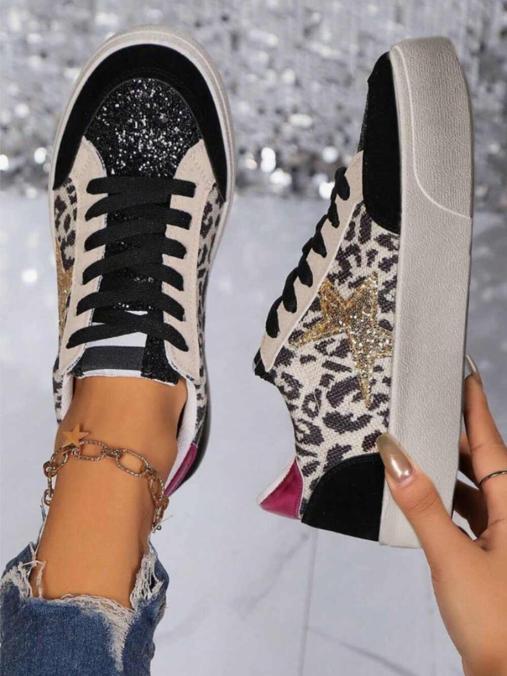 SHEIN Low-Top Black Leopard Print Sneakers with Gold Glitter Star